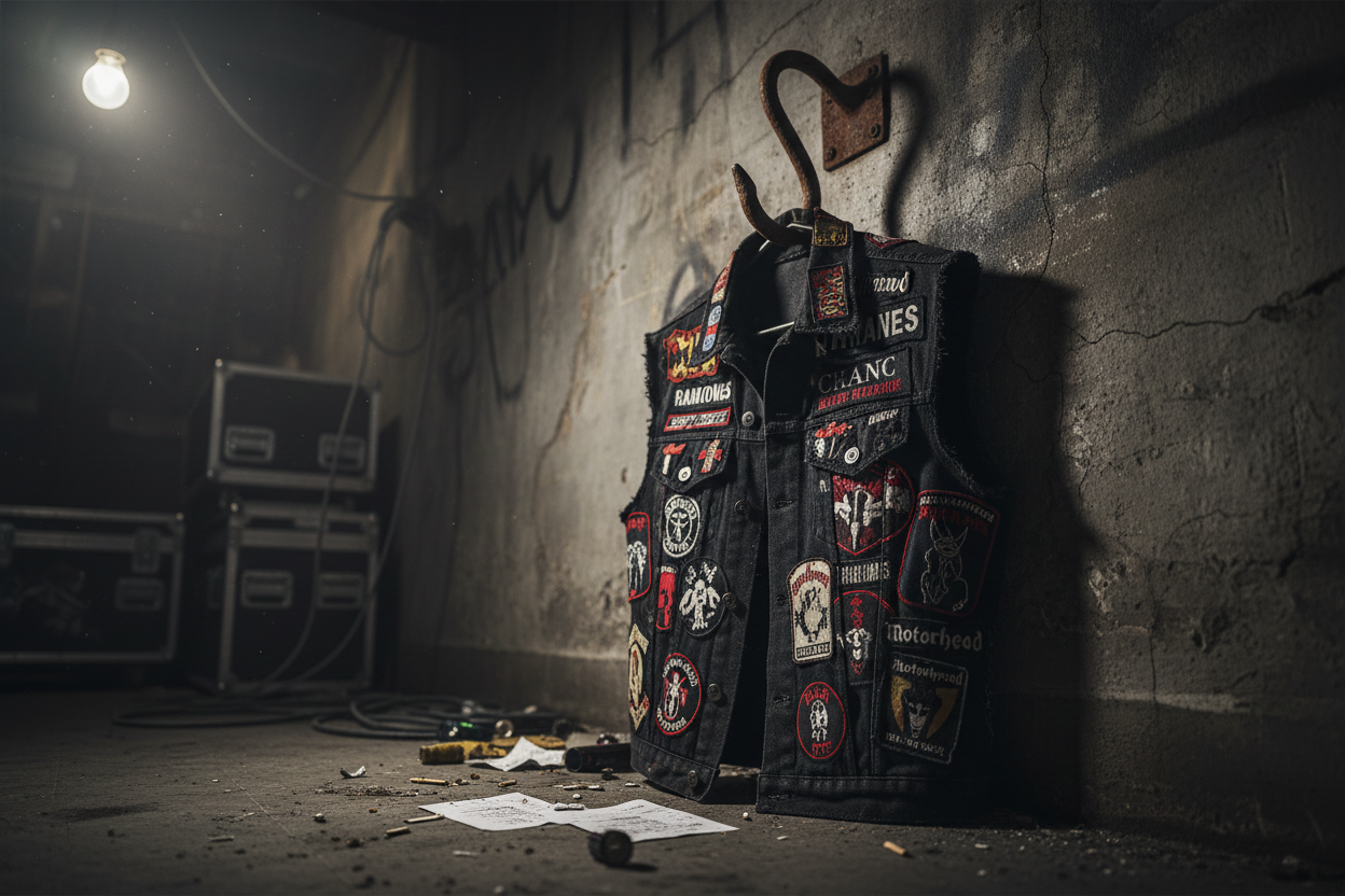 Black denim vest on metal hook